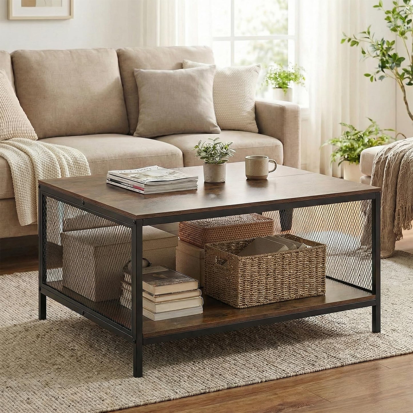 2-Tier Coffee Table, Industrial Square Cocktail Center Table with Open Storage Shelf