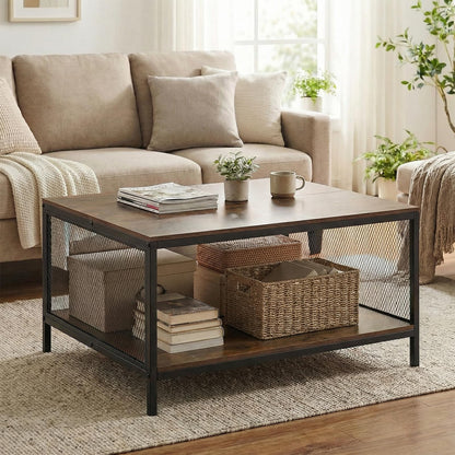 2-Tier Coffee Table, Industrial Square Cocktail Center Table with Open Storage Shelf