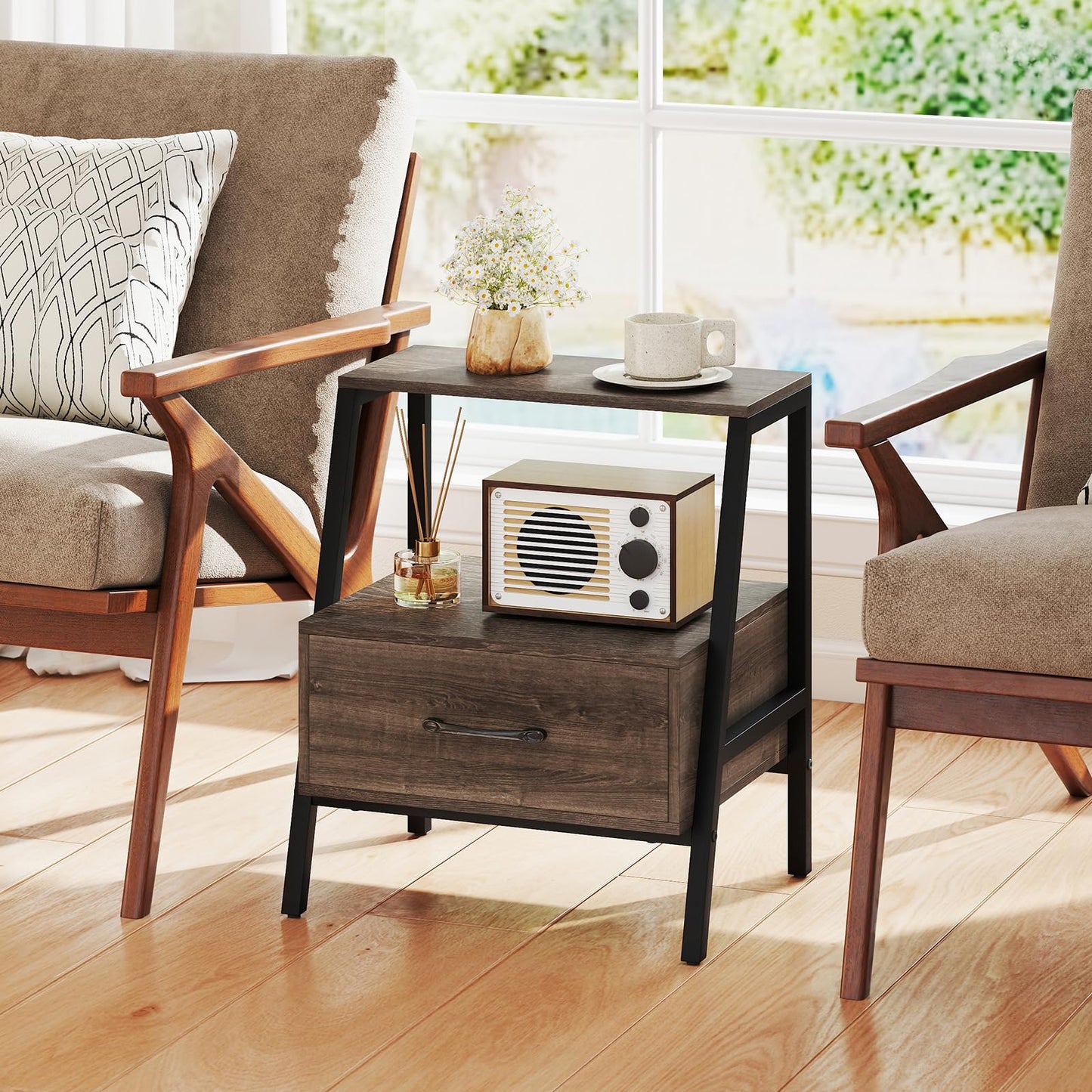 Farmhouse Nightstand End Sofa Side Table with Drawer and Storage Shelf
