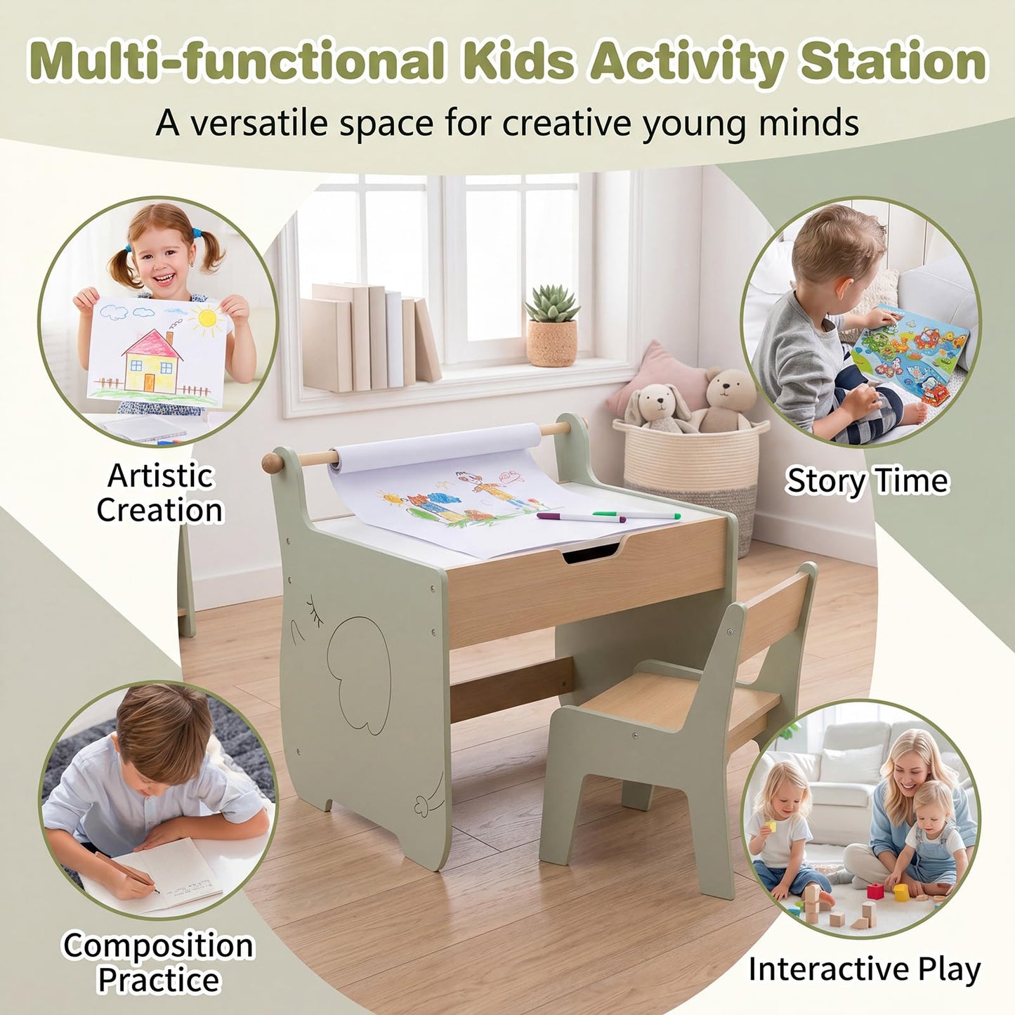 3 in 1 Kids Table and Chair Set, Toddler Art Table with Reversible Blackboard Tabletop