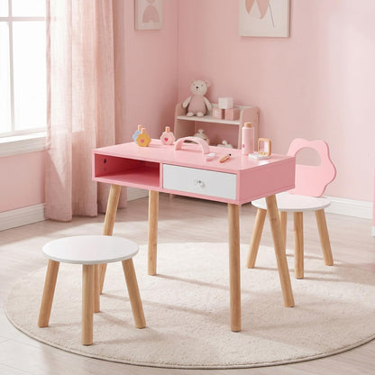 Kids Pretend Nail Salon Playset with Chair and Stool Wooden Toddlers Makeup and Manicure Kit