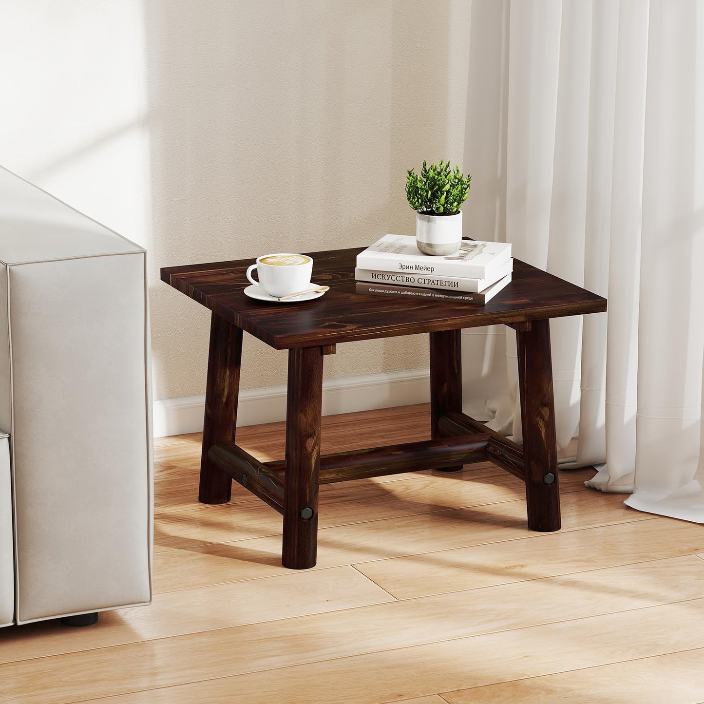 Solid Wood Small Outdoor Coffee Table with Reinforced Crossbar