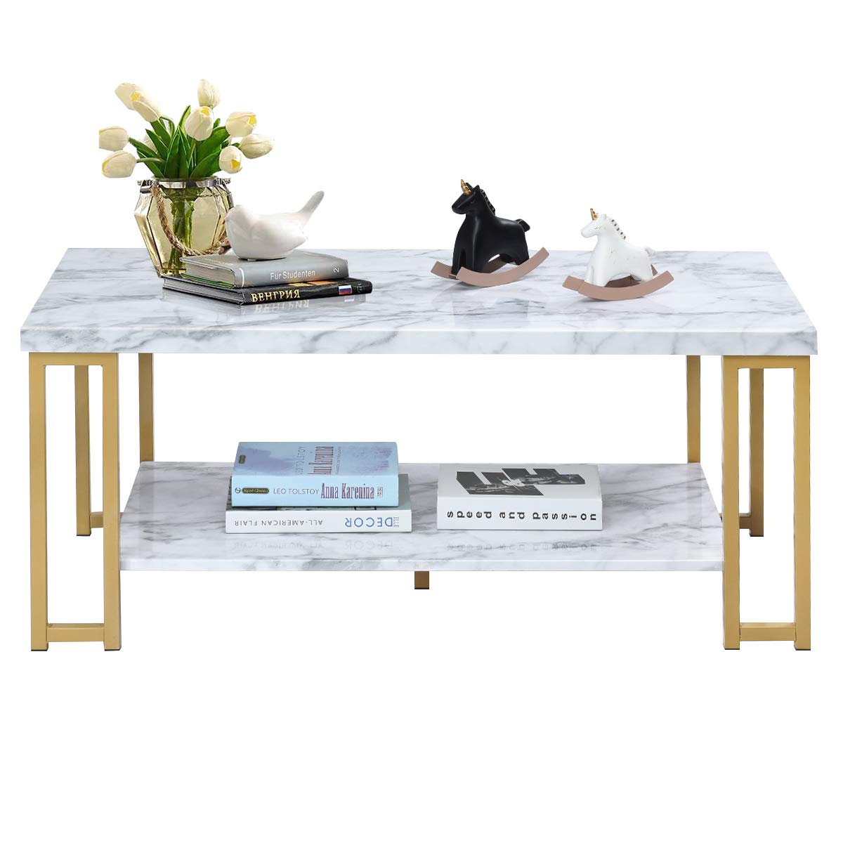Marble Effect Cocktail Center Table with Storage Shelf