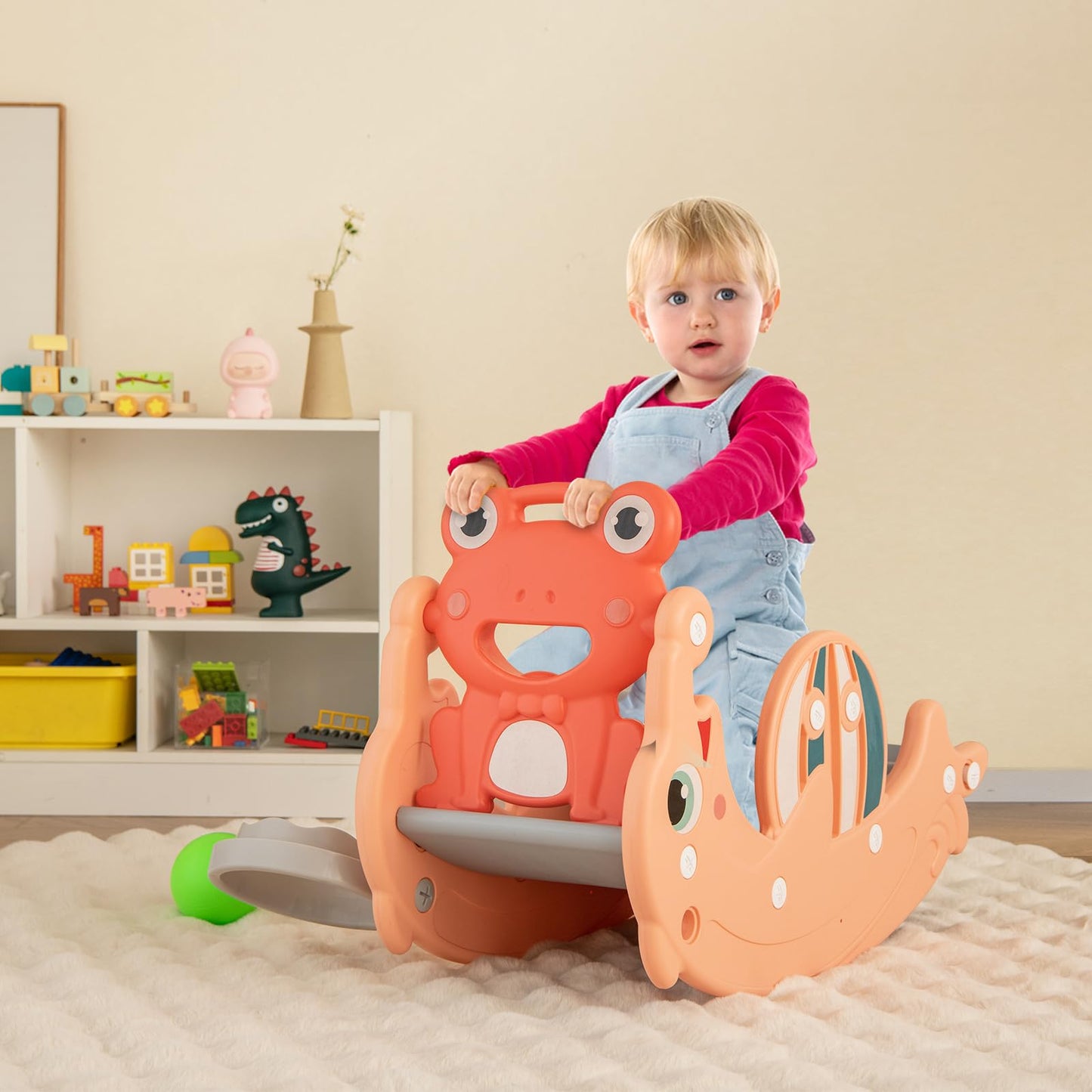 3-in-1 Kids Slide Rocking Horse Set Convertible with Basketball Hoop