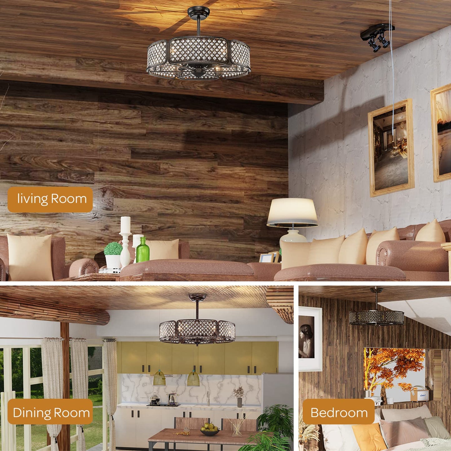 Caged Crystal Ceiling Fan Light with 6 Gear Speeds and 3 Fan Blades