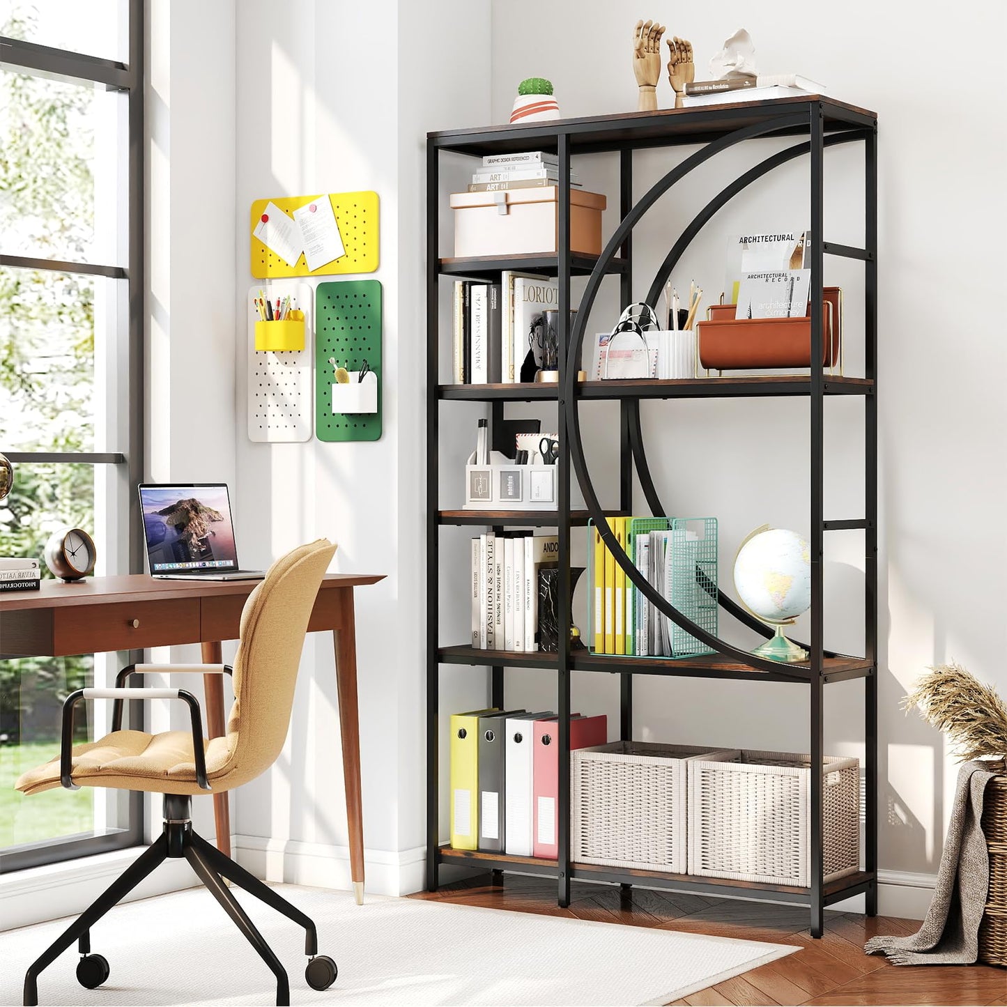 6-Tier Industrial Etagere Bookshelf with Open Storage Shelves and Arc-Shaped Design