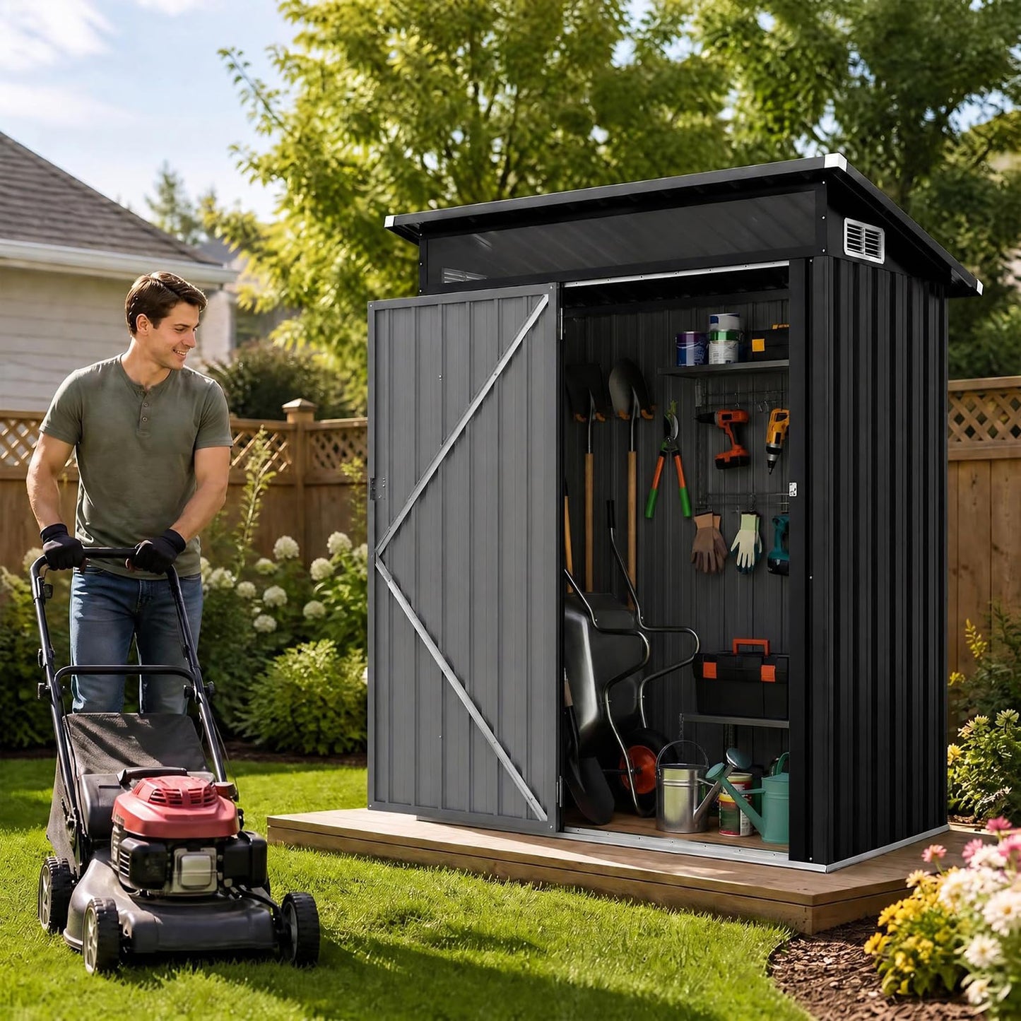 5 x 3FT Metal Garden Storage Shed with PC Panel & Lockable Door