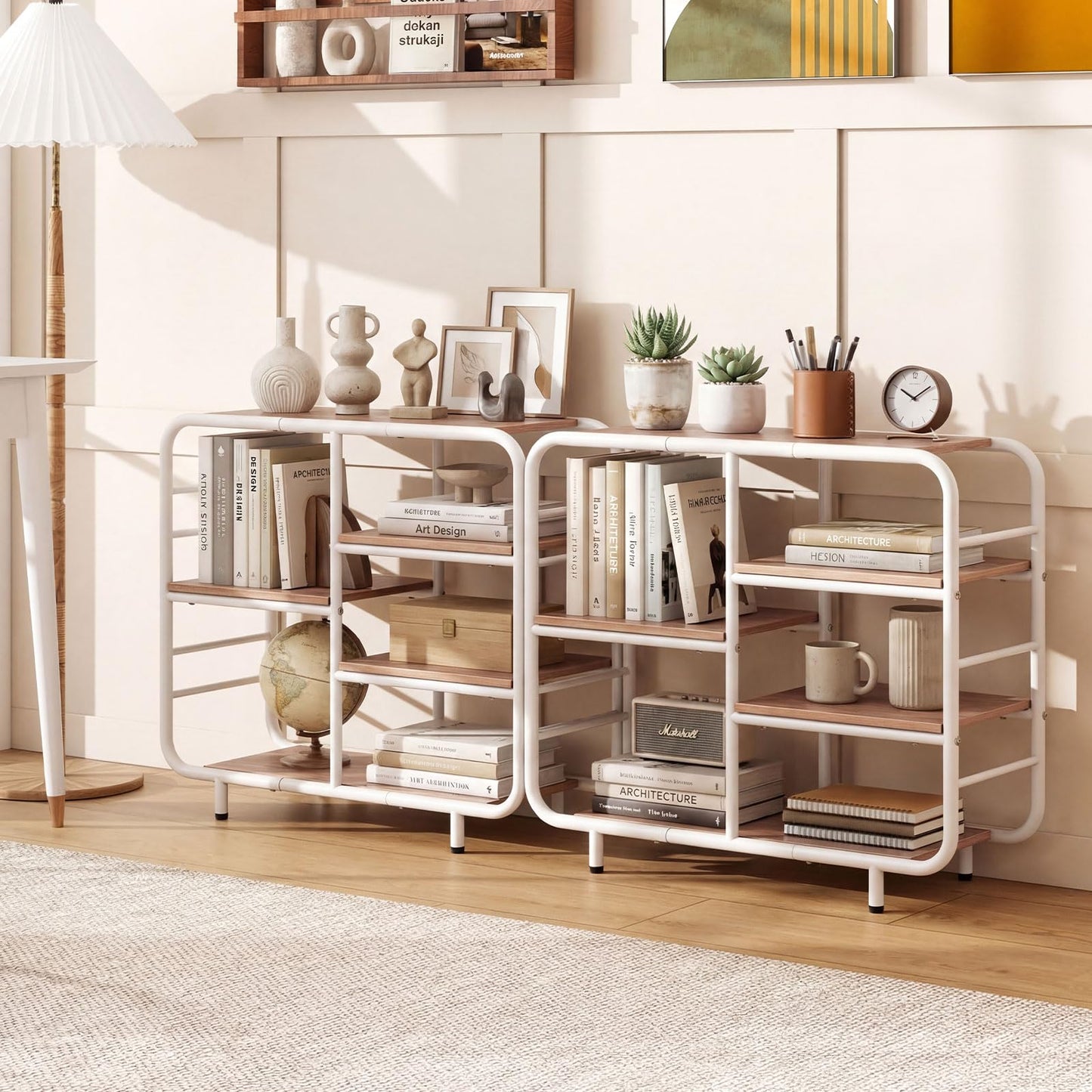 5-Tier Bookshelf, Metal Frame Open Book Shelf, Natural