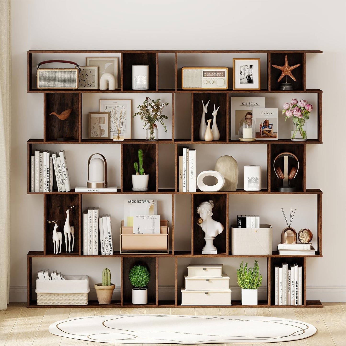 S-Shaped Wooden Bookcase, 5/6 Tiers Freestanding Storage Shelf
