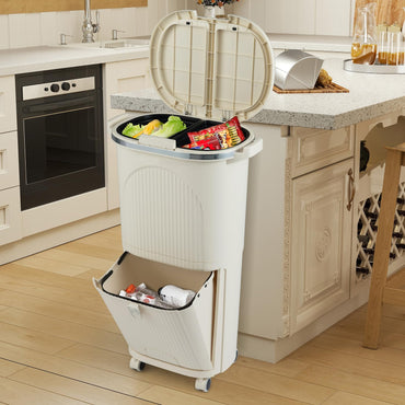 Recycling Bins, 42L Dry and Wet Separation Trash Can with 3 Compartments, Wheels, Stickers & Handl