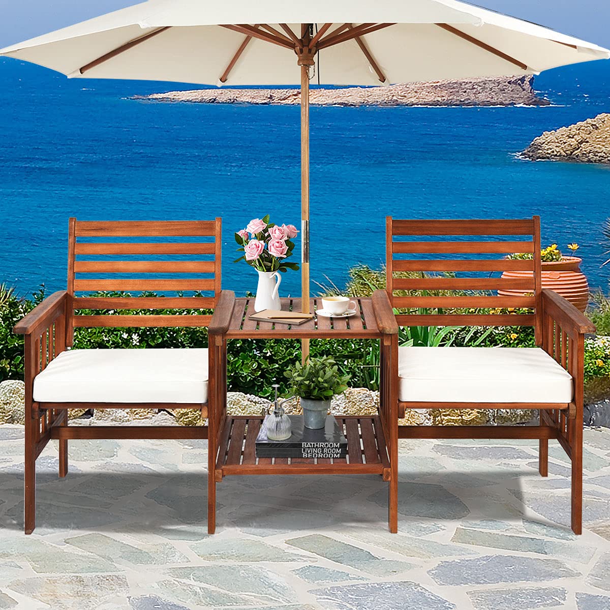 2-Seater Garden Loveseat, Wooden Bench Seat with 2 Tier Coffee Table and Umbrella Hole
