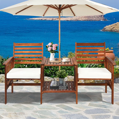 2-Seater Garden Loveseat, Wooden Bench Seat with 2 Tier Coffee Table and Umbrella Hole