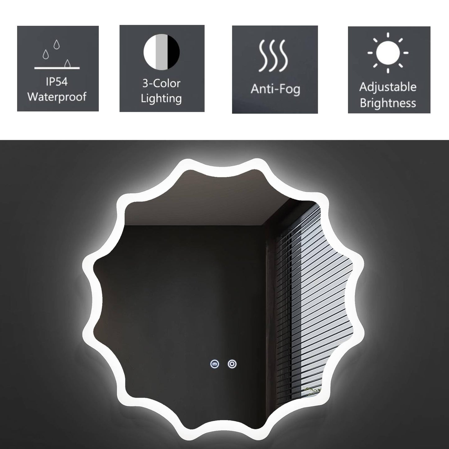 60 x 60 cm LED Waved Edge Round Wall Mirror with 3-Color Lights