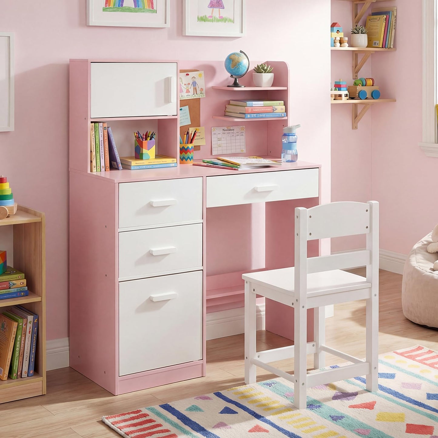 Kids Desk and Chair Set Study Table with Hutch Bulletin Board 3 Drawers