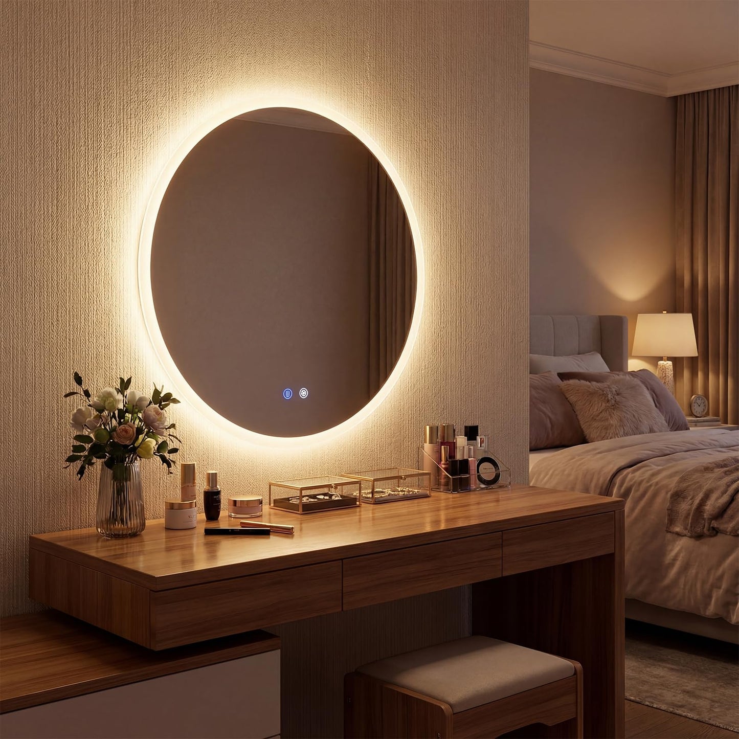 600mm/700mm Round Bathroom Mirror with LED Lights, Illuminated Backlit Wall Mounted Vanity Mirror with 3 Colors