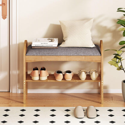 Bamboo Shoe Bench, 2-Tier Shoe Rack Organiser with Padded Seat Cushion and Shelf