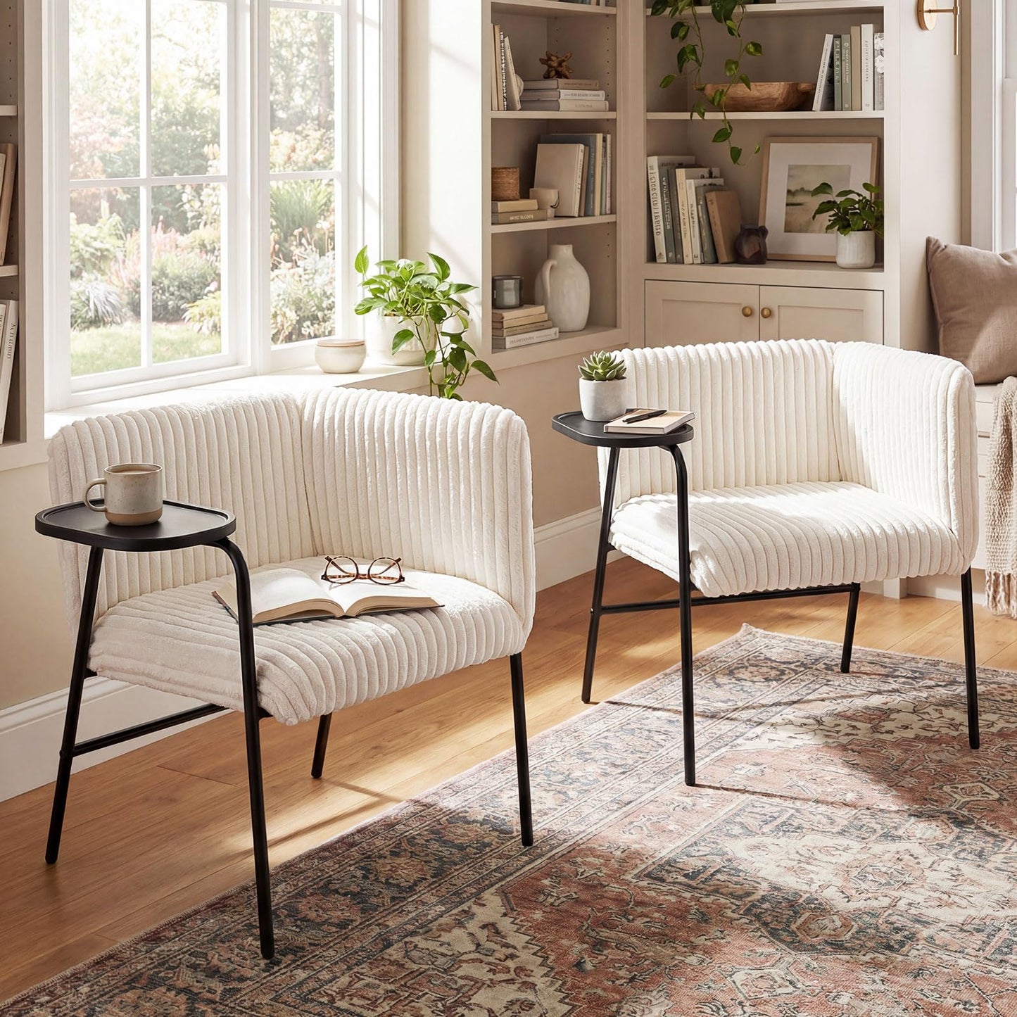 Armchair Accent Chair with Tray Table, Modern Corduroy Upholstered Single Sofa Lounge Armchair