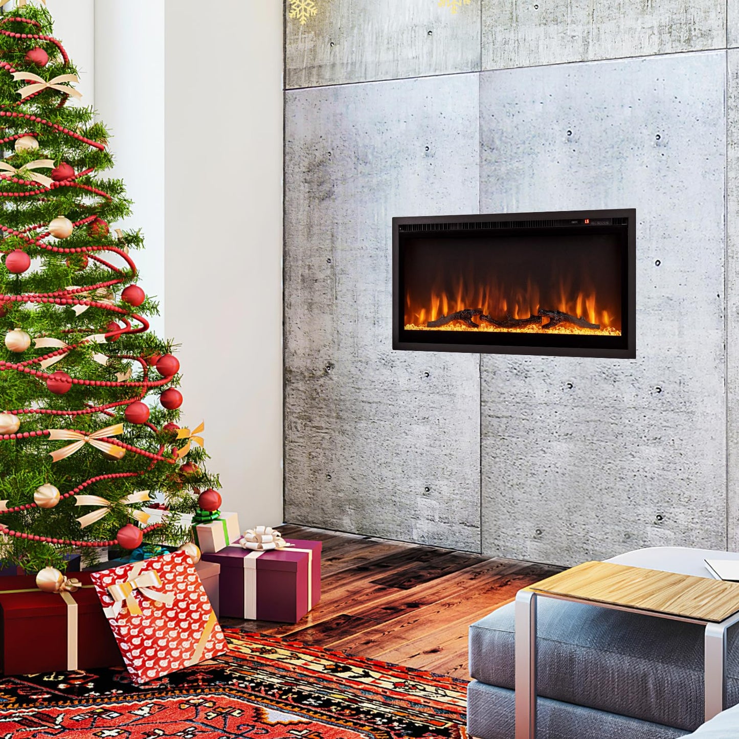 Linear Electric Fireplace with Log and Crystal Decor and Remote Contro