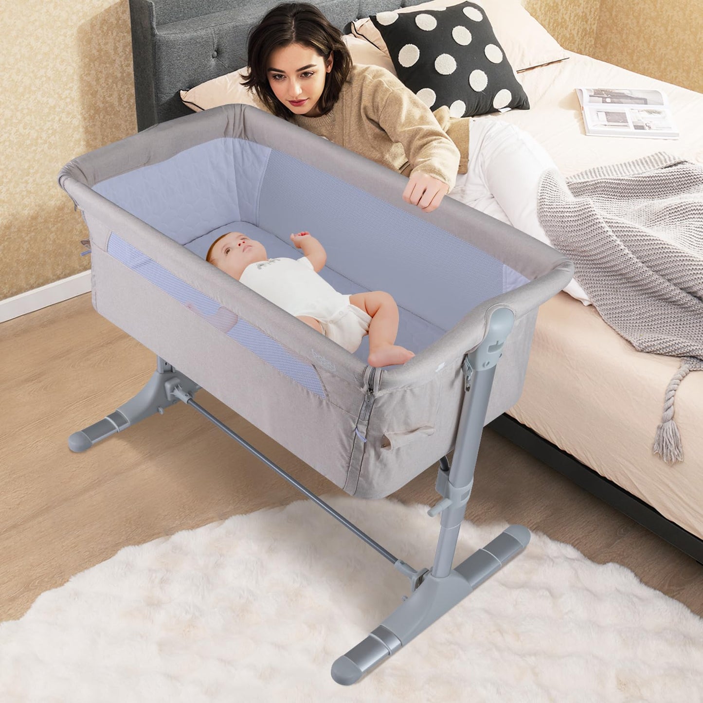 Baby Bedside Crib, 4-Level Height Adjustable Bassinet Crib (Beige) | Portable Newborn Bedside Sleeper