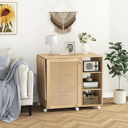 Folding Sewing Table, Mobile Craft Table with Rattan Door