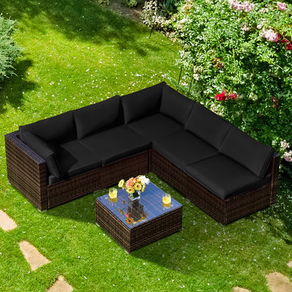6 PCS Corner Patio Conversation Sofa Set with Tempered Glass Table and Cushions