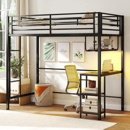 Metal Bunk Bed with Desk, RGB LED Lights, Charging Station