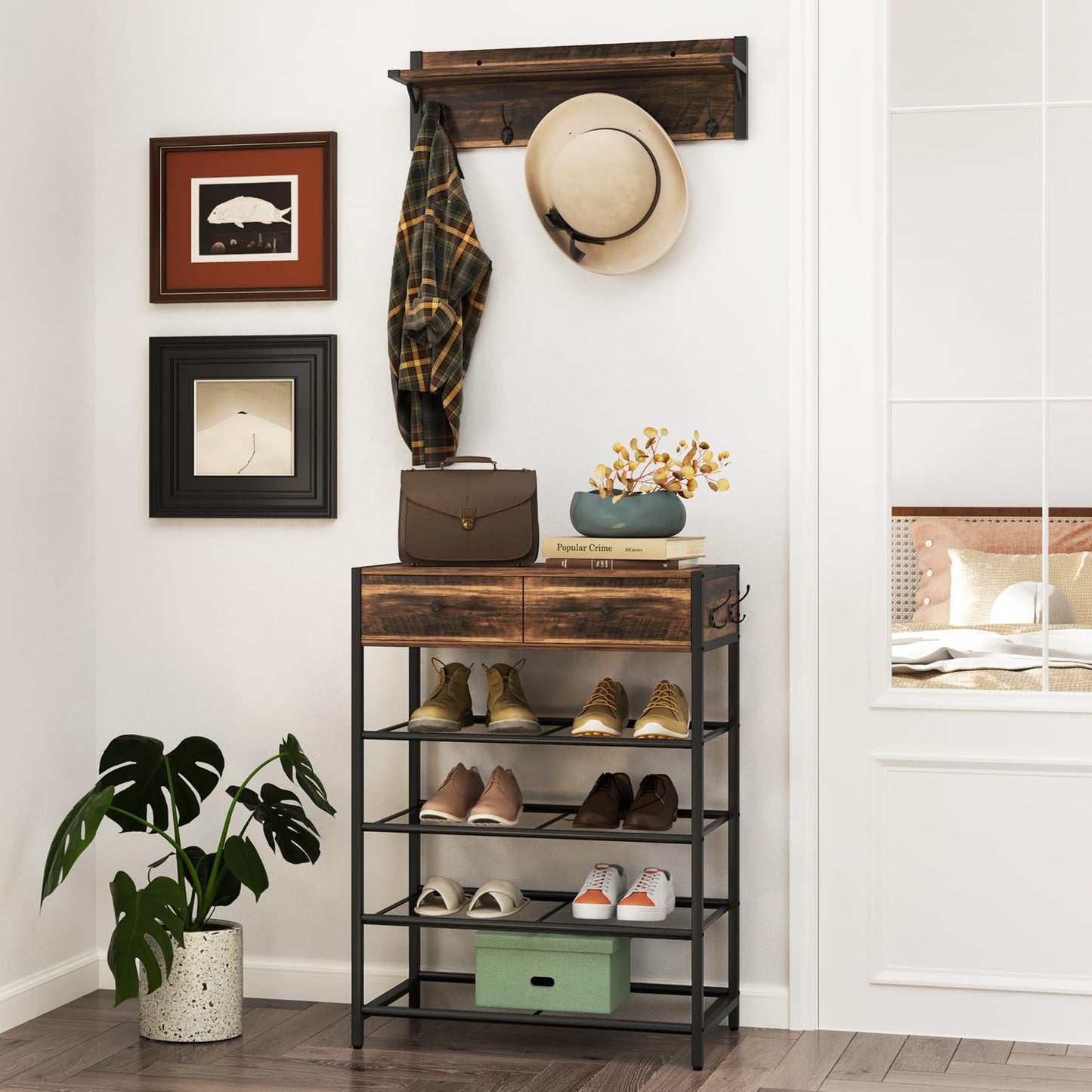 Coat Rack Shoe Stand Set with Wall-Mounted Coat Rack and Drawers