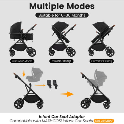 2-in-1 Convertible Baby Stroller with Car Seat Adapters High Landscape Folding Newborn Pram Stroller