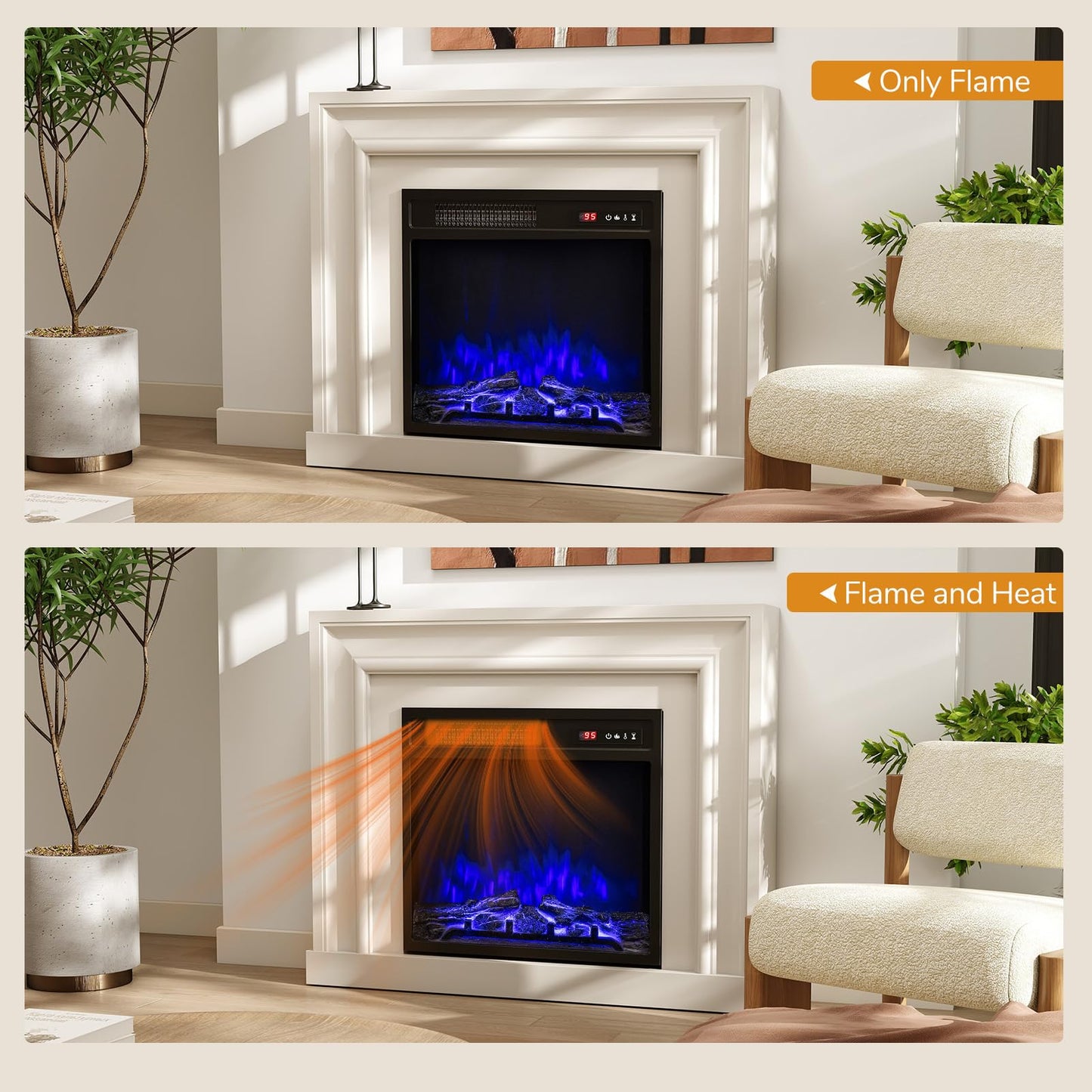 18 Inch Electric Fireplace Insert 750W/1500W Fireplace Heater with Remote Control