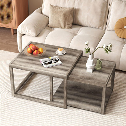 Nesting Coffee Table Set of 2 with Storage Shelf and Rubber Wood Frame
