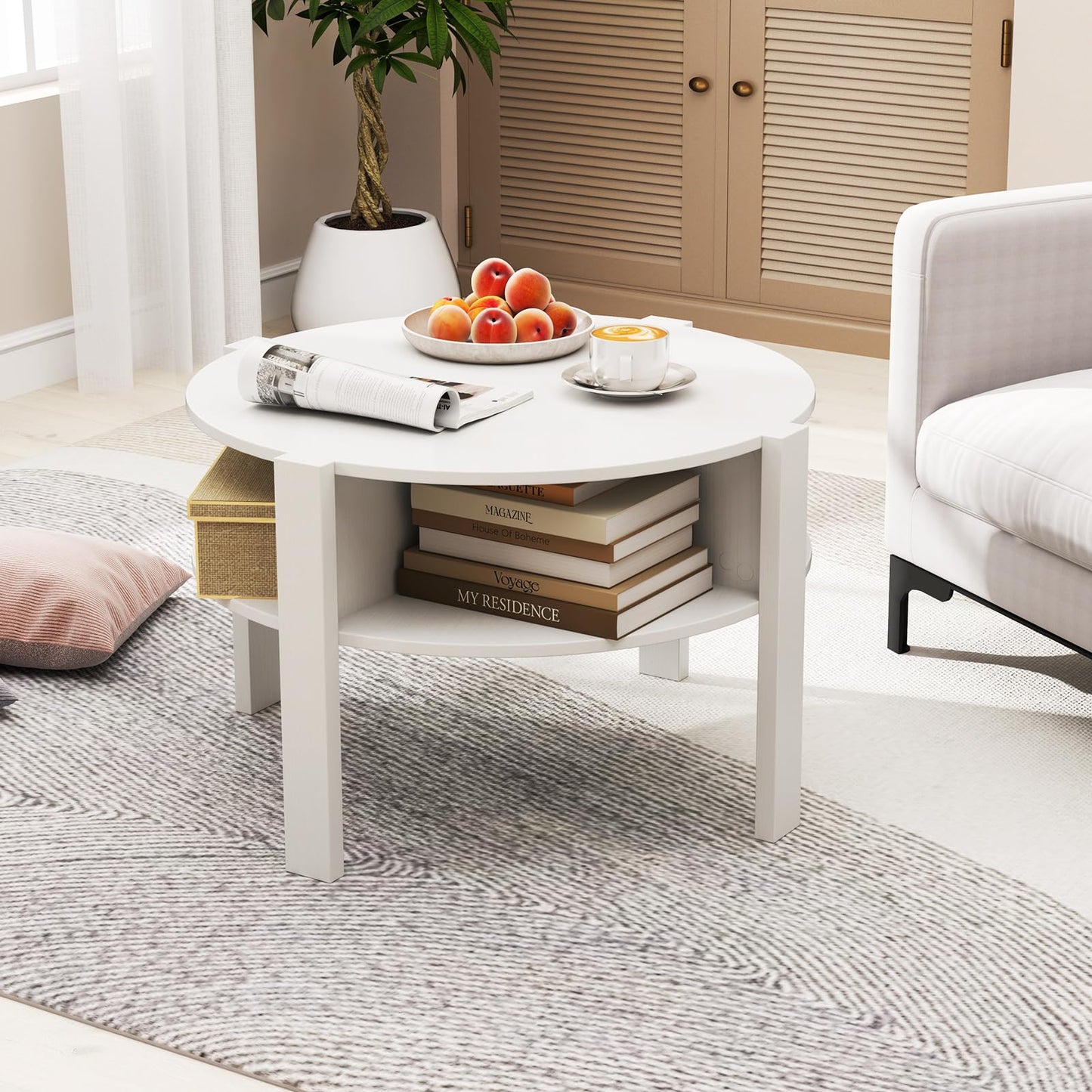 2 Tier Cocktail Center Accent Tea End Sofa Side Table with 4 Open Storage Shelves