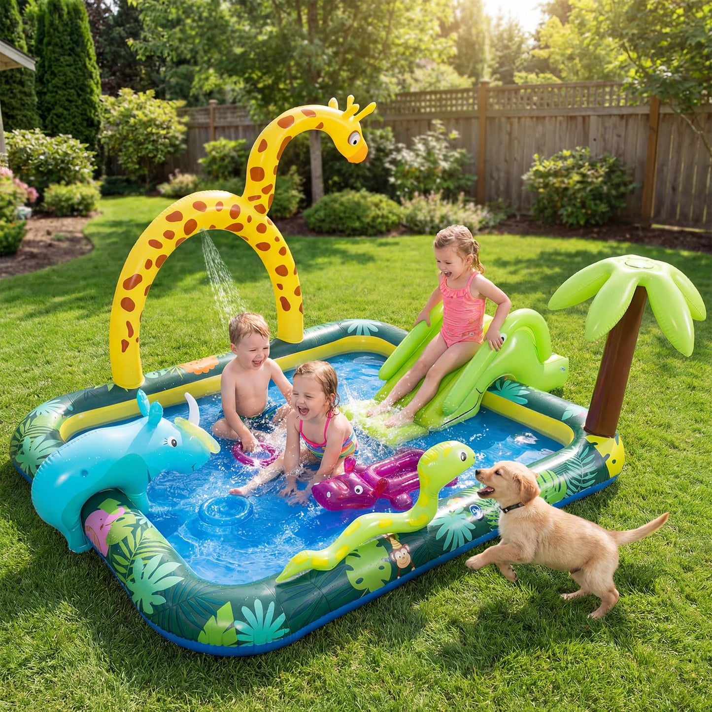 Inflatable Play Center, Jungle Animal Spray Paddling Pool with Slide & Sprinkle