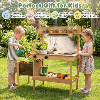 Wooden Chef Pretend Kitchen Playset with Planter Box, Stoves, Sink