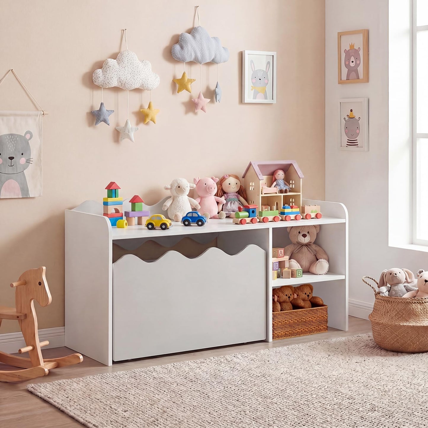 Scalloped Kids Bookshelf with Movable Drawer and Anti-Toppling Kit for Playroom