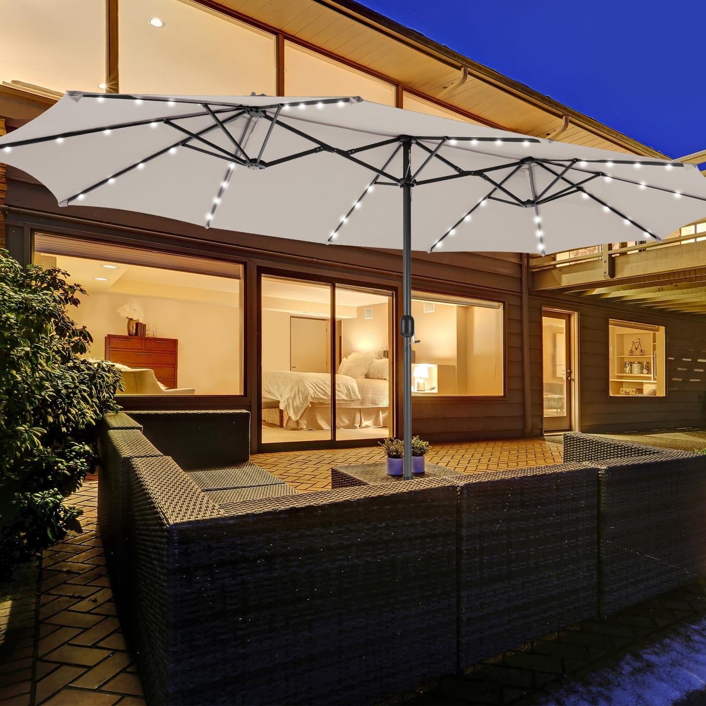 460 cm Twin Patio Umbrella with 48 LED Lights and Auto-Charging Solar Panel