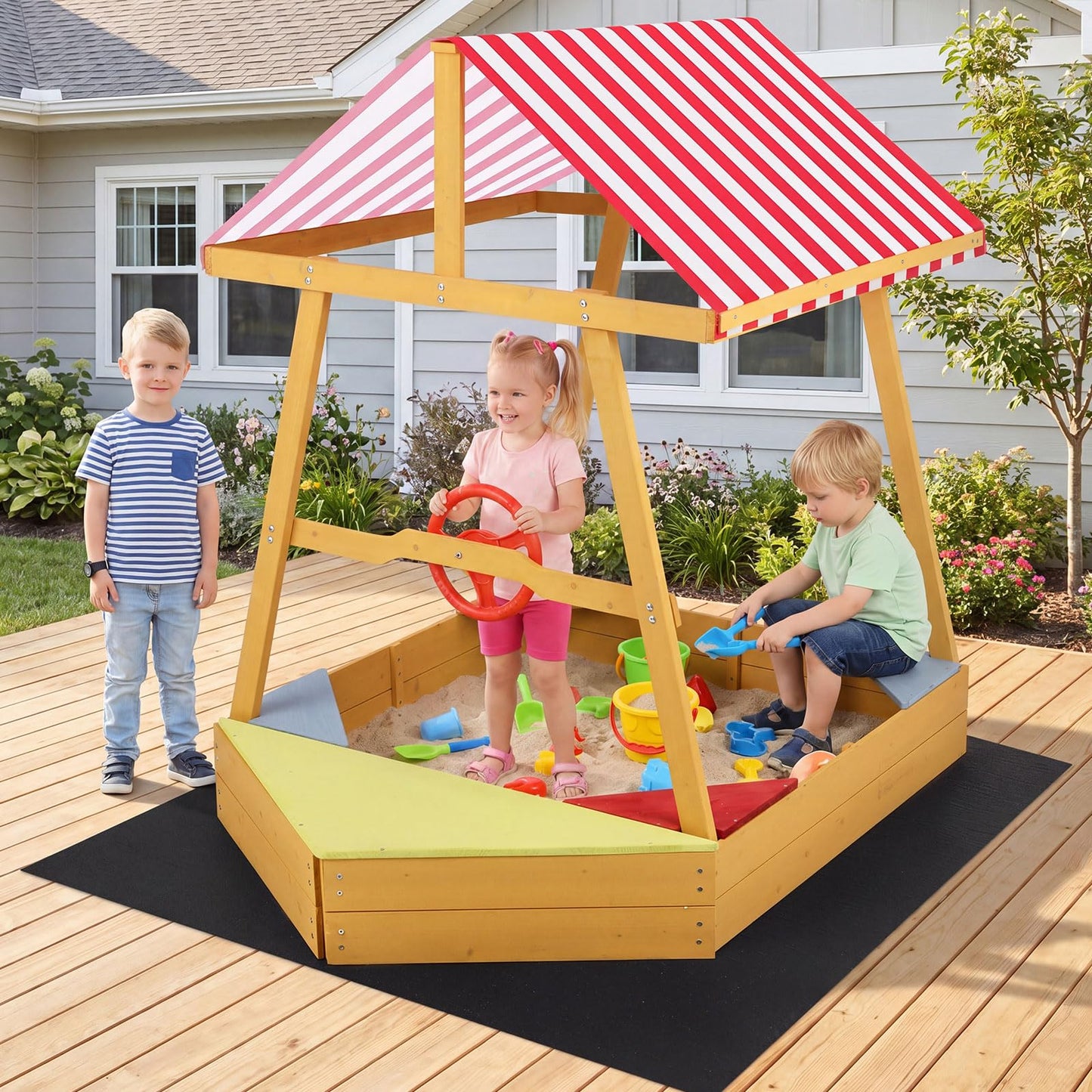 Wooden Kids Sandpit, Ship-Shaped Sandbox Sand Boat with Canopy, 4 Corner Seats