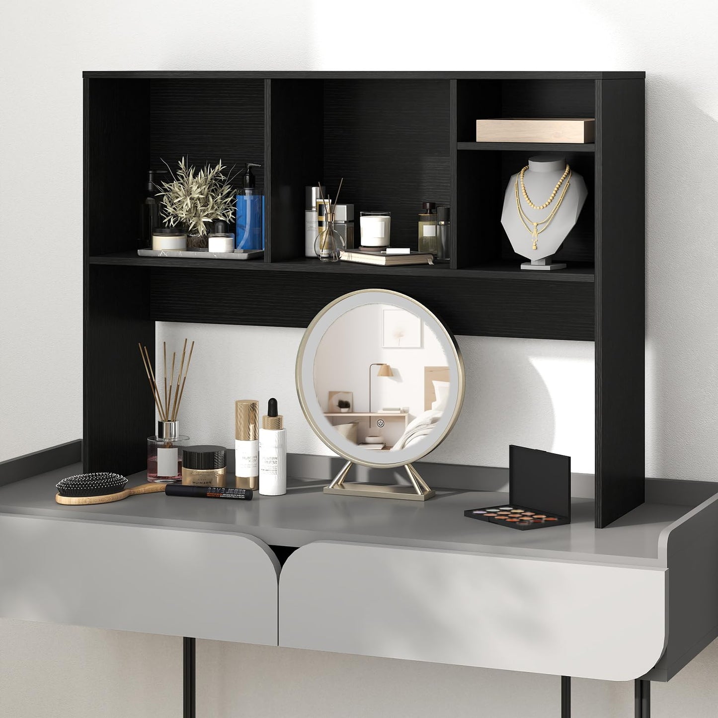 Desktop Bookshelf, Wooden Countertop Storage Hutch Bookcase