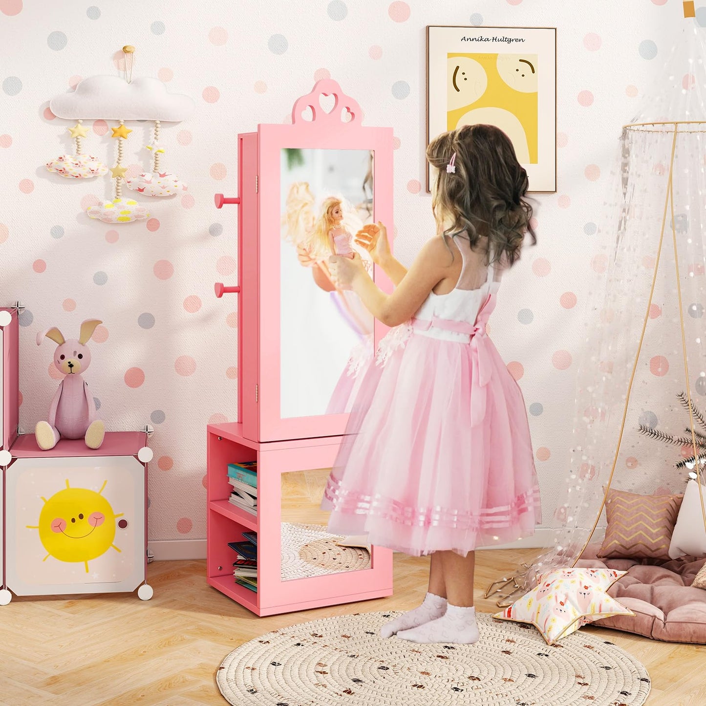 Kids Jewelry Armoire Full Length Mirror with Coat Rack and Storage Shelves