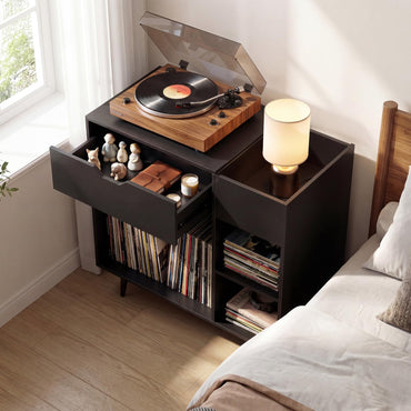 Record Player Stand with Charging Station, Turntable Stand End Side Table with Drawer