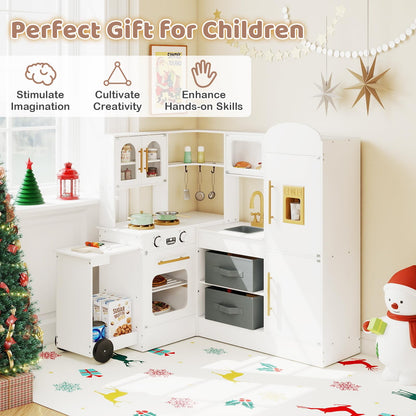 Corner Kitchen Playset Kids Pretend Play Kitchen with Pull-out Cart Fabric Bins