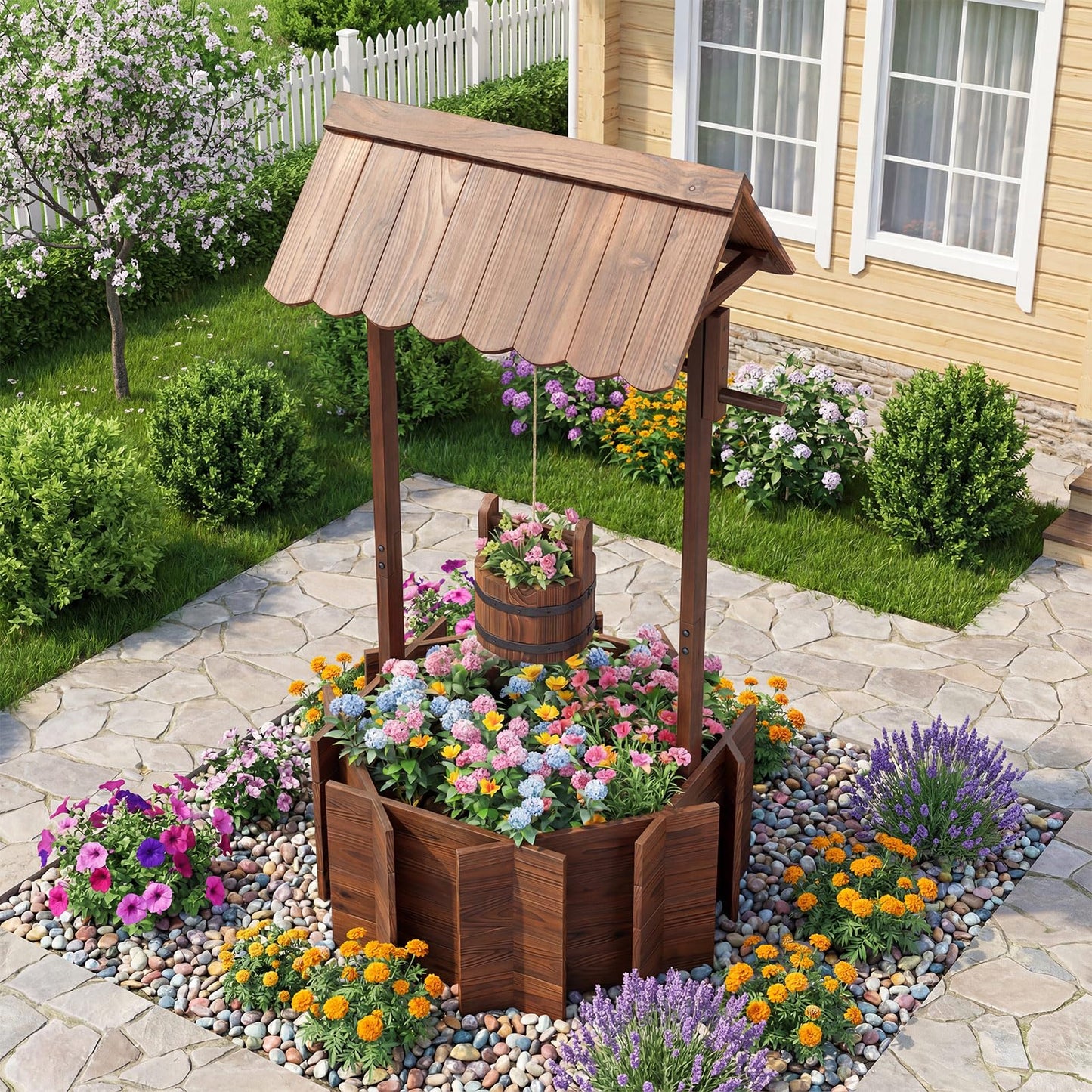 GiantexUK Wooden Wishing Well Planter, Garden Decoration Flower Pot with Hanging Bucket