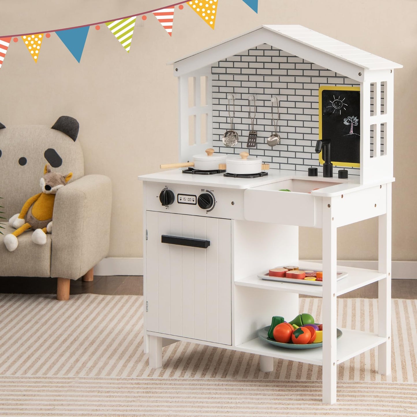 Kids Play Kitchen Pretend Playset with Stoves and Chalkboard