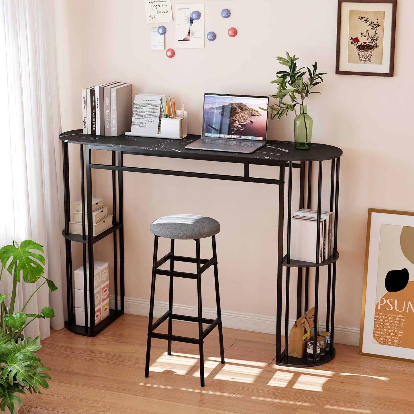 150cm Bar Table with Faux Marble Top & Side Shelves