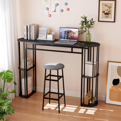 150cm Bar Table with Faux Marble Top & Side Shelves