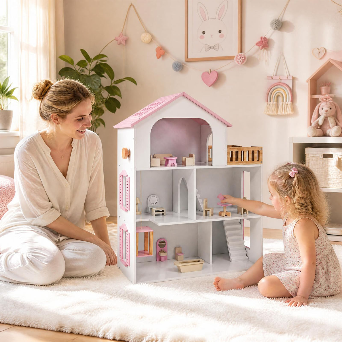 3-Story Wooden Dollhouse Playset with 5 Rooms and Furniture Accessories