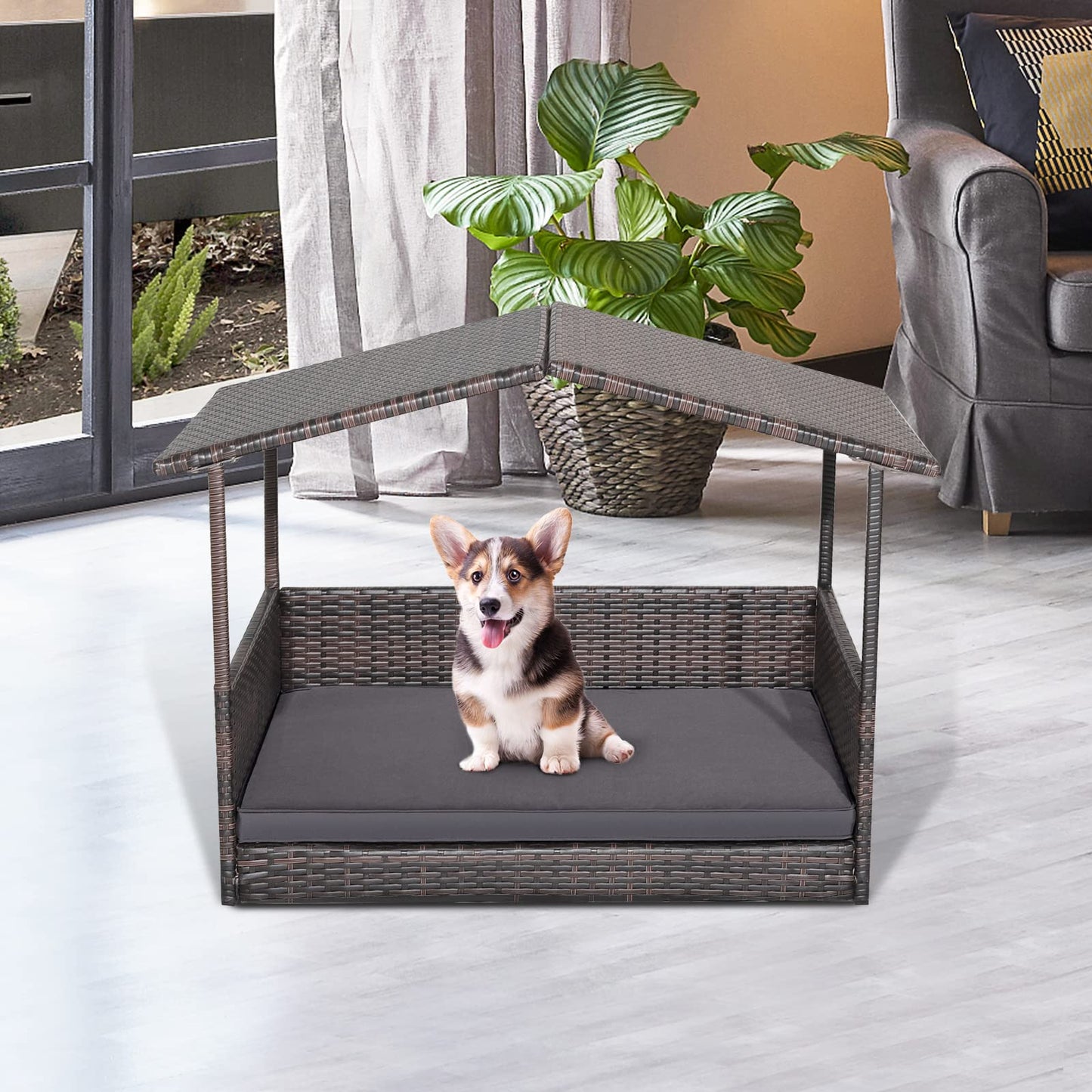 Wicker Dog House with Roof and Removable Cushion for Living Room Yard