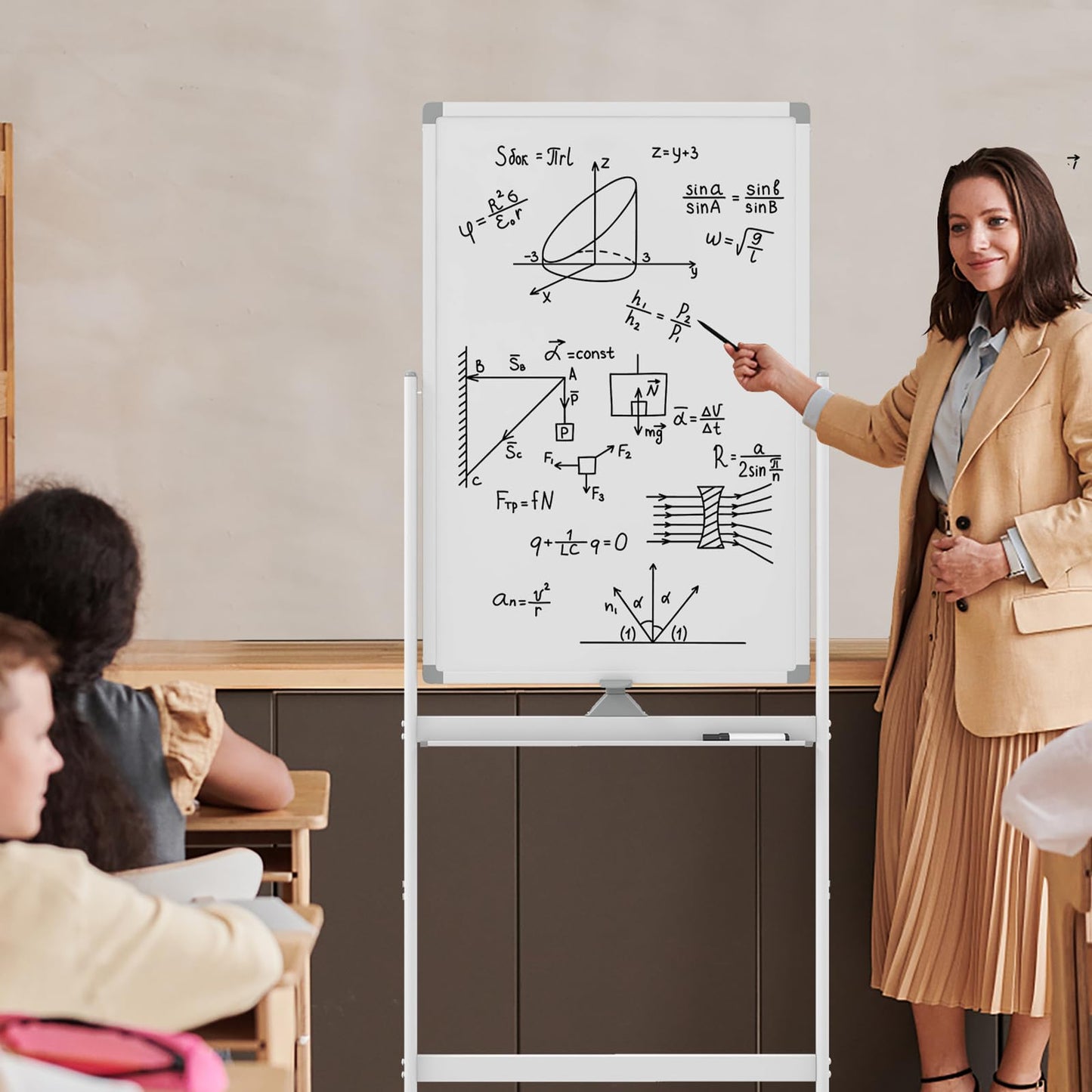 Double Sided Magnetic Whiteboard, Height Adjustable Mobile Dry Erase Board with Black Markers (90 x 60cm)