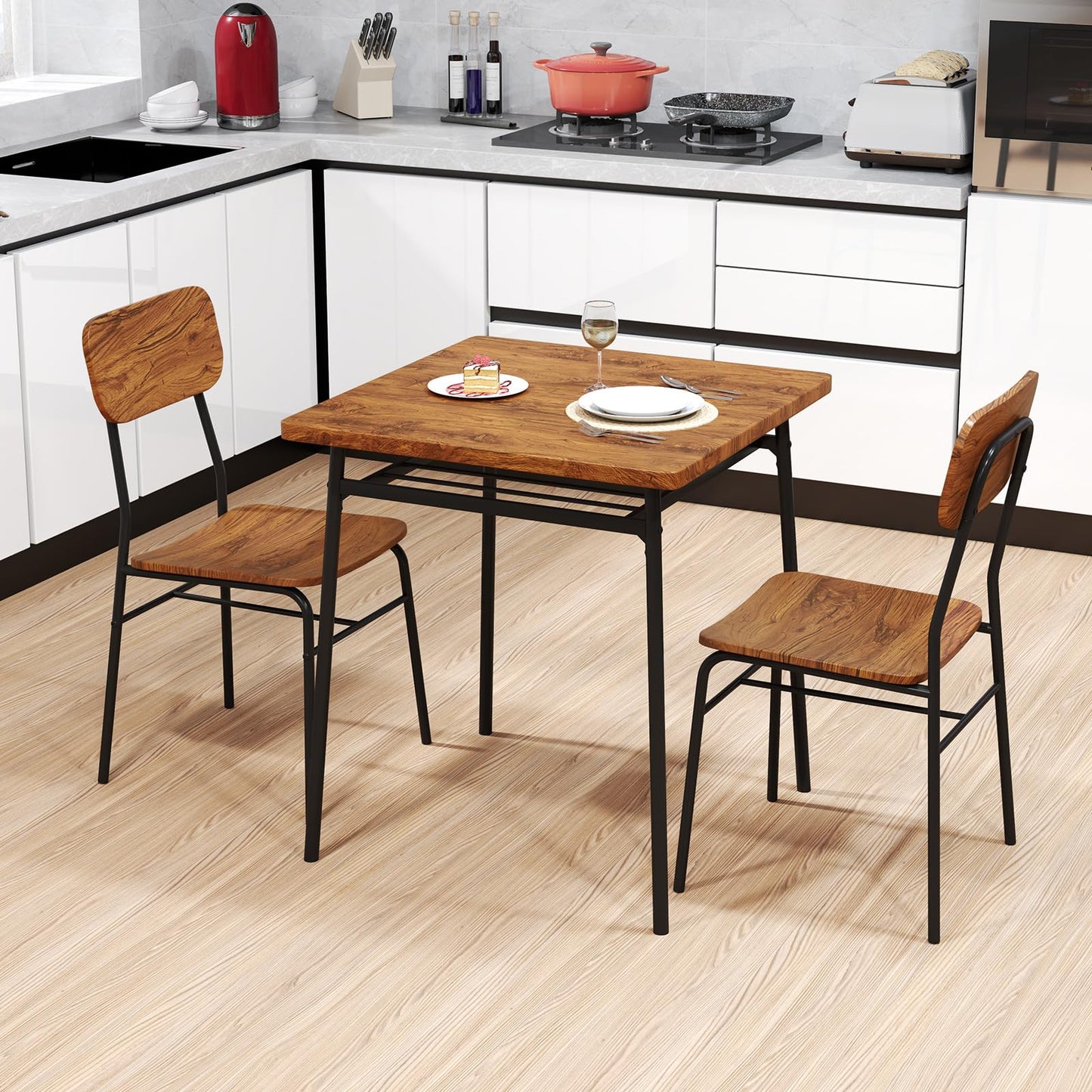 Rectangular Breakfast Kitchen Table Set with 2 Chairs and Storage Rack