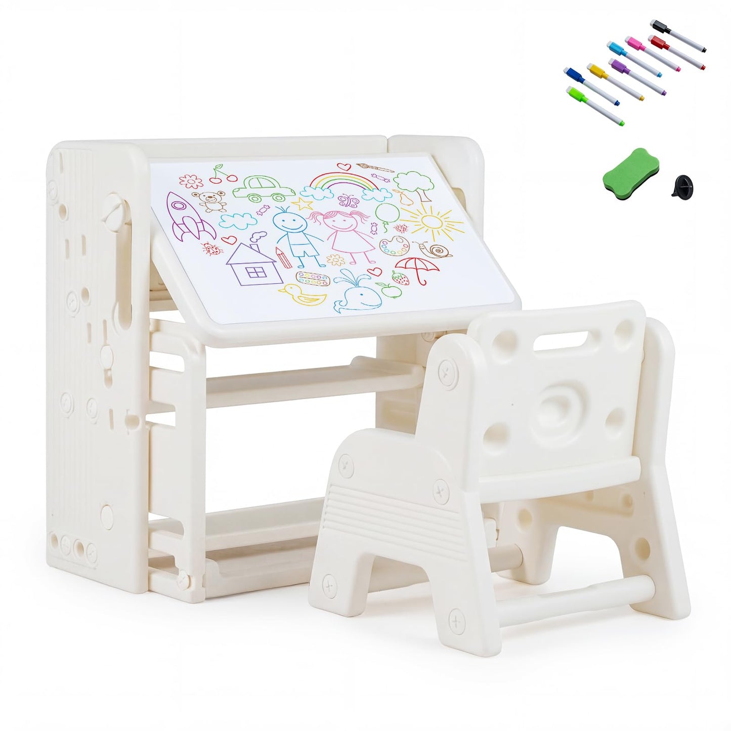 Kids Desk and Chair Set with Side Bookshelves and Whiteboard