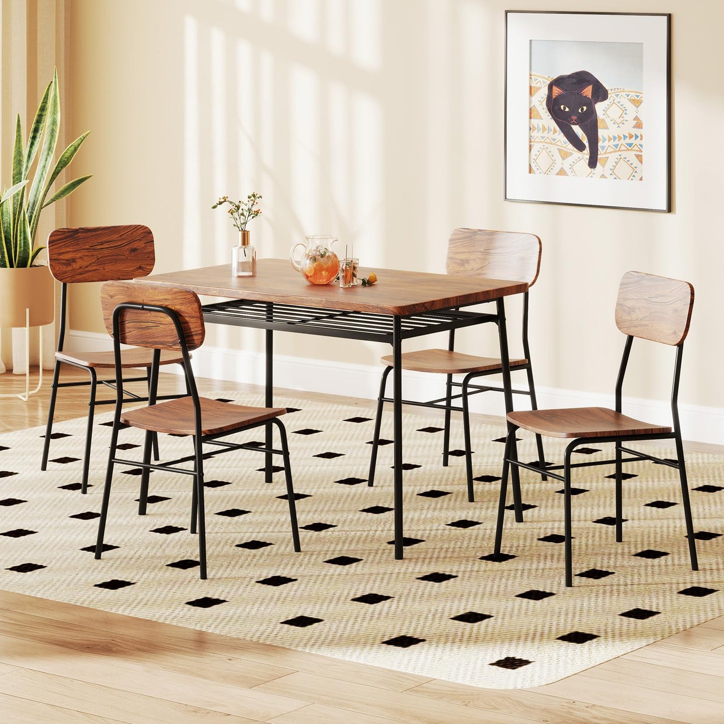 Rectangular Breakfast Kitchen Table Set with 4 Chairs and Storage Rack